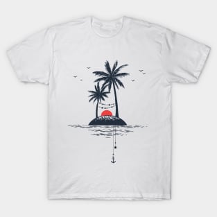 Beach. Palms. Sunset and Anchor. Geometric Style T-Shirt